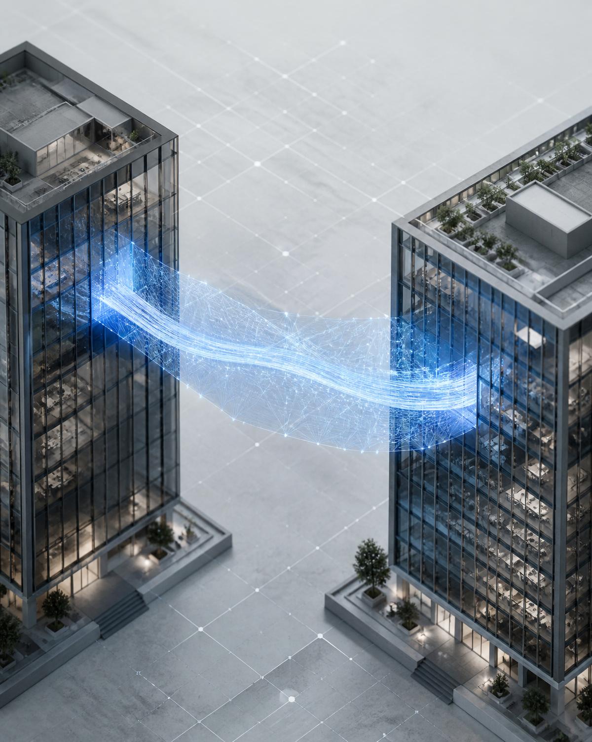 Two enterprise buildings connected by a luminous data bridge symbolizing B2B integration
